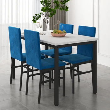 Moderný 5-dielny jedálenský stôl nastaviť 5-dielna sada s faux mramorový stôl a 4 trvanlivé blue velvet stoličky,pre kuchyňa,obývacia izba