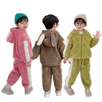 Zimné Plyšové Hoodes Topy+Nohavice 2ks Deti Farbou Teplé Sleepwear Oblečenie Chlapci Dievčatá Zahustiť Cute Pyžamo 1-6T