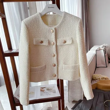2023 Nové Módne Biele Topy Coats kórejský Elegantné Ženy Tweed Základné Bunda, Kabát Ženy Oblečenie Dráhy Štýl Vlnené vrchné oblečenie S-XL