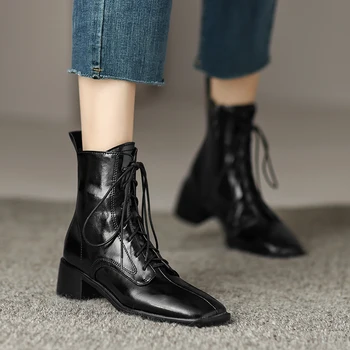 2023 nové Jeseň zima Ženy členková obuv prírodná koža plus veľkosť 22-25.5 cm cowhide čipky moderné topánky späť zip krátke topánky