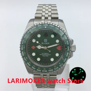 Bliger40mm NH35A pánske automatické hodinky Poker vzor dial Keramická fazeta Zafírové Sklo Hliva Pracovné náramok Zelený svetelný