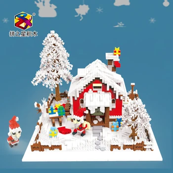 Vianočný Sneh Dom Micro Stavebné Bloky Santa Claus Zmontované Mini Tehly Obrázok Hračka Pre Dieťa Displej Dary