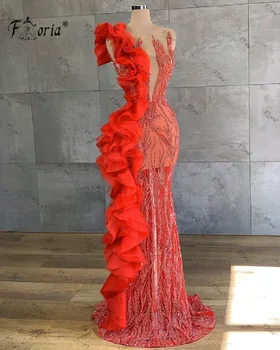 Skromný Červená Rozstrapatené Tylu Morská Víla Prom Šaty Ilúzie Korálkové Sequined Formálne Príležitosti, Šaty Na Zákazku Večerné Šaty Svadobné