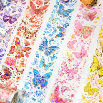 Roztomilý Motýľ Kvetinový PET Washi Pásky, Samolepky Plánovač Fólie-Gold Laser Maskovacie Pásky, Samolepky DIY Album Scrapbooking Materiál