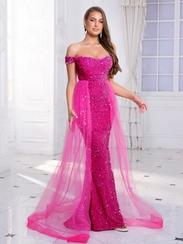 Hot Pink Sparkle Sequin Lomka Krku Večerné Šaty Oka Veľký Vlak Ramena Backless Narodeninovej Party Elegantné Prom Šaty 2023