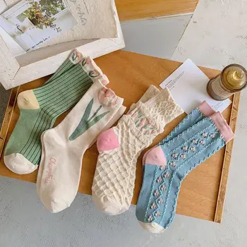 Módne Mäkké Bavlnené Ponožky pre Ženy, Kawaii Dievčatá, Roztomilé Kvety, Stredné Trubice Ponožky pre Ženy, Harajuku Dizajnér