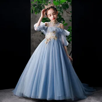 Opuchnuté Tylu Modrá Čipky Sequin Šaty Flower Girl Šaty Koncové deti Princezná Šaty Svadobné Party Šaty na Prvé sväté Prijímanie Vestido