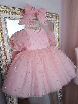 Opuchnuté Ružový Kvet Dievča Šaty Pearl Rukávy Princezná Šaty Dievča Brithday Party Šaty Dievča Šaty Baby Girl Dress Prvá sväté prijímanie