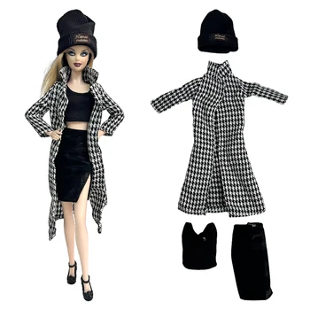 NK Úradný 1 Nastavte noble black dlhý oblek bábika: klobúk+kabát+top+otvorte sukňa Pre Barbie Doll house príslušenstvo HRAČKY DARČEK