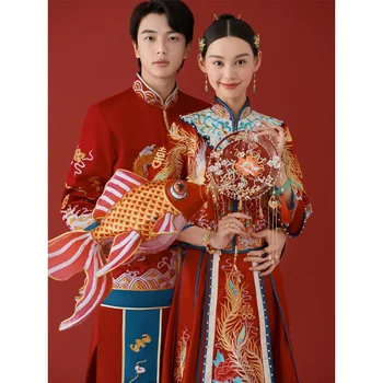 Nevesta šaty Svadobné Čínsky štýl cheongsam demure výšivky červené víno mäkké polovičný rukáv dragon phoenix dlhé šaty